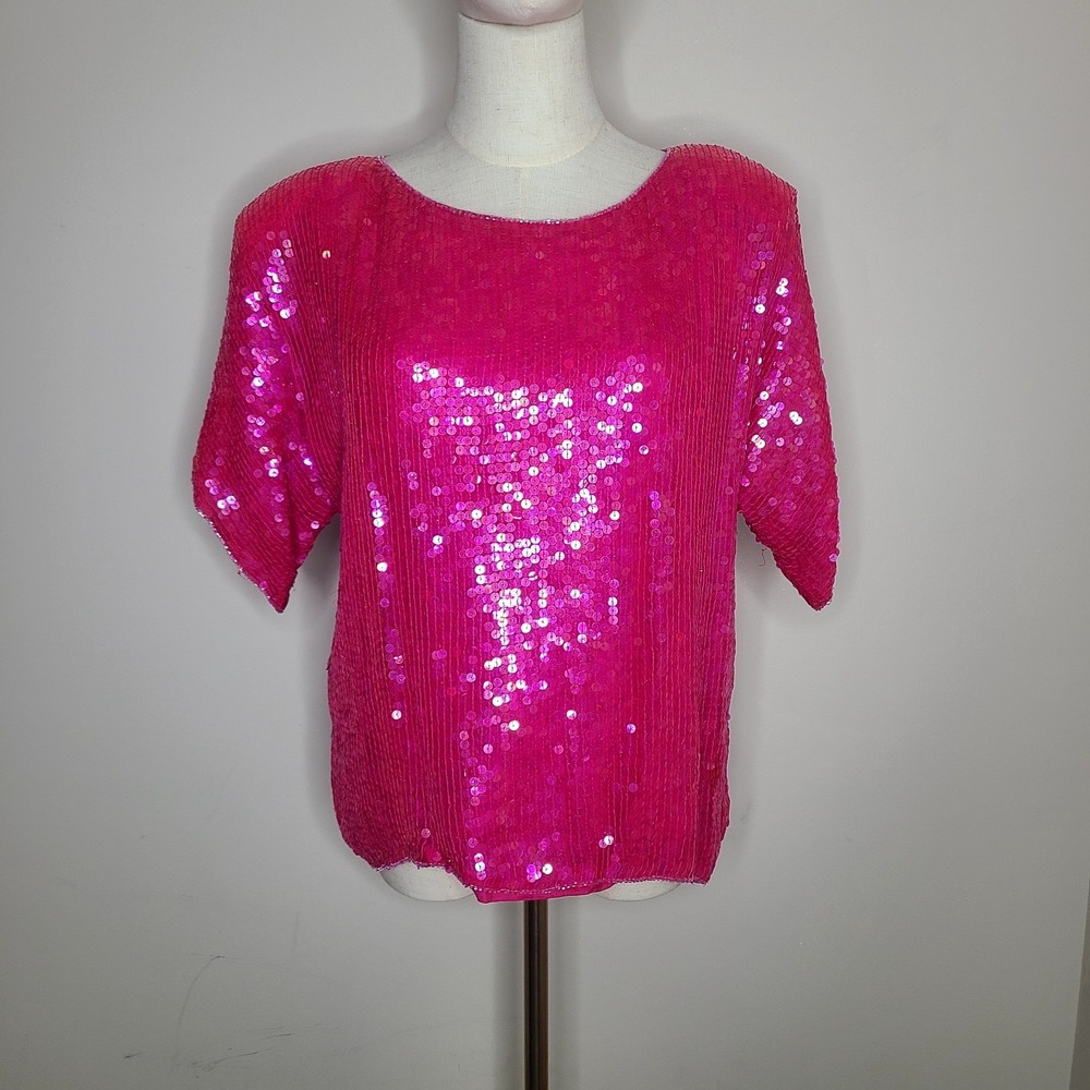 Vintage Rina Z Pink‎ Barbiecore Sequin Short Sleeve Silk Top Evening Party Sz M